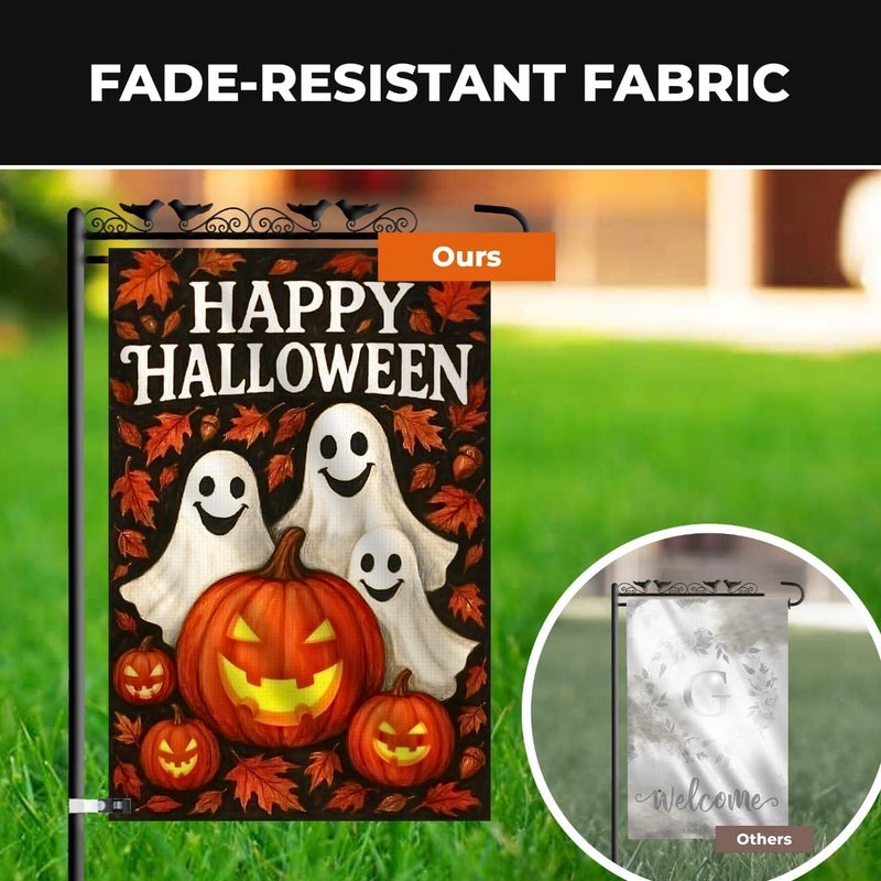 KarvePro Happy Halloween Garden Flag 12x18 Double Sided Burlap – Fall Outdoor Yard Flag with Pumpkins and Ghosts, Durable Seasonal Decoration - Image 4